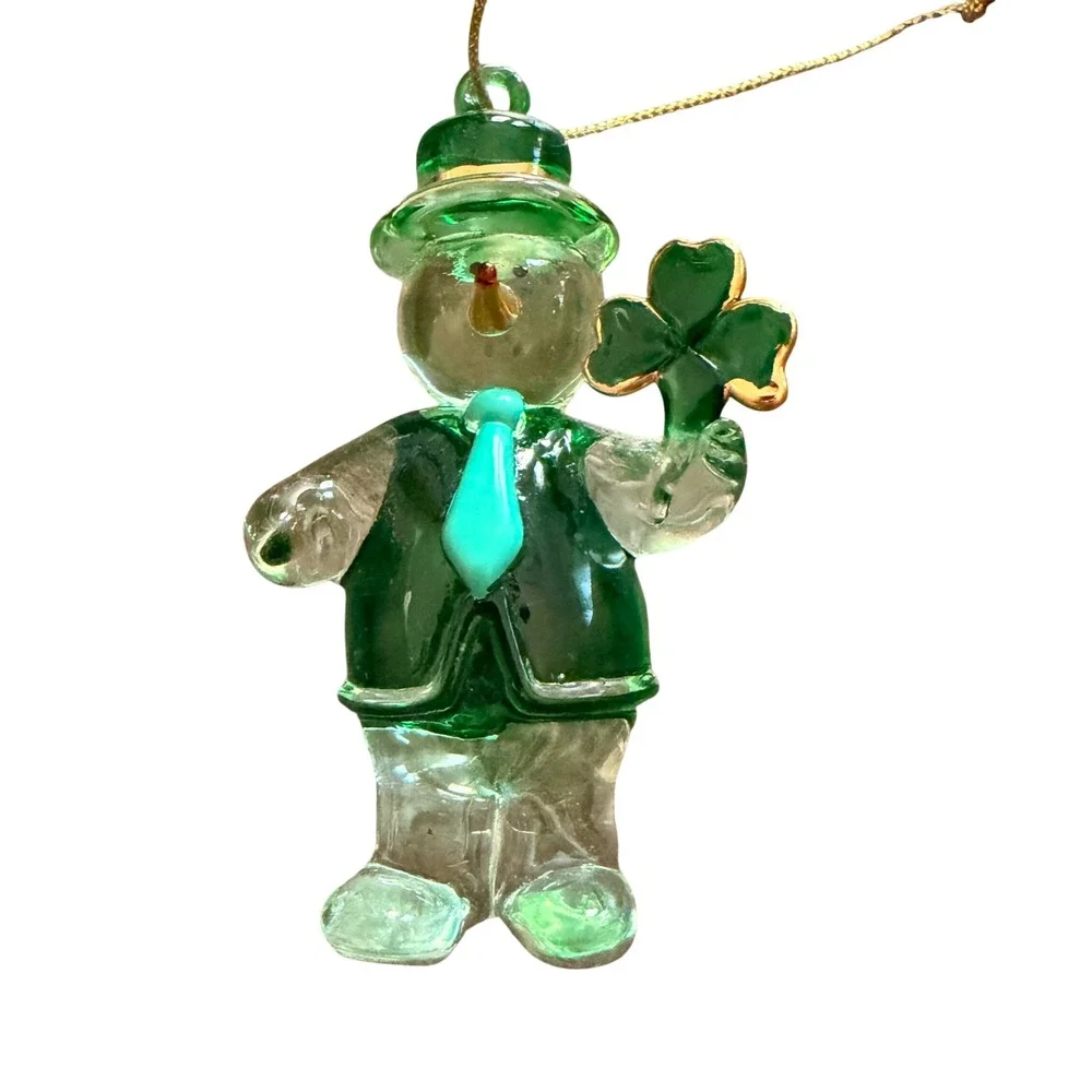 Green Glass Irish Snowman Ornament St Patricks Day Shamrock Leprechaun 3 Inch